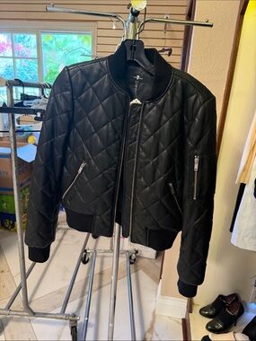 7 For All Mankind Black Quilted Bomber Jacket with Zip Details